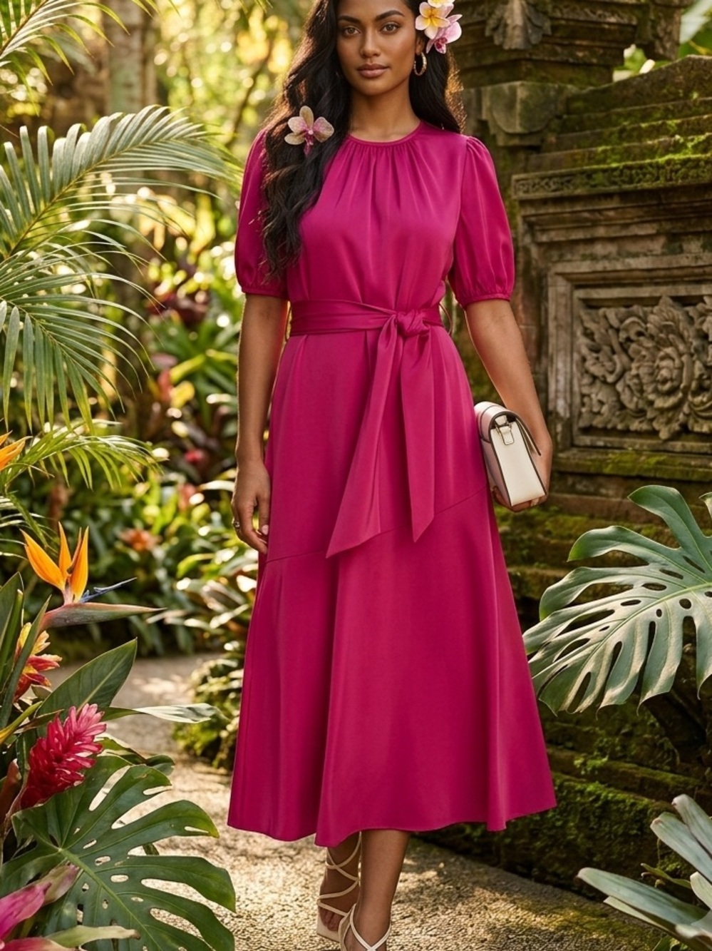 Donna Karan Fuchsia Midi Dress with Waist Tie size 6